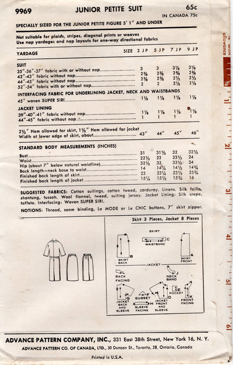 1950's Advance Two Piece Dress Suit pattern with Standing Wide Collar - Bust 31.5" - No. 9969