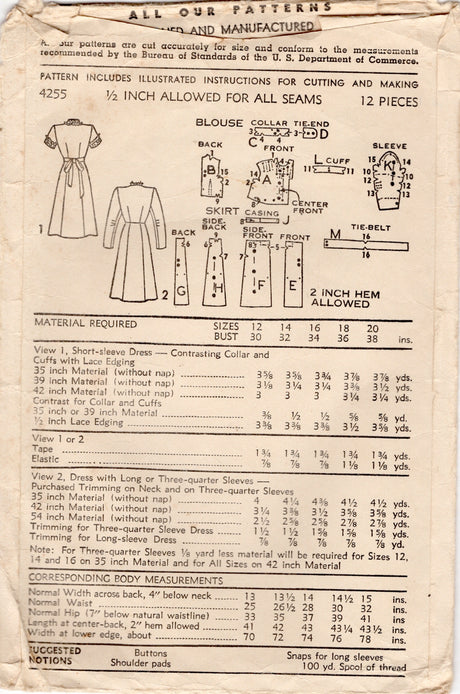 1940's Advance Shirtwaist Dress Patterns with Tucked Shoulders - Bust 32" - No. 4255