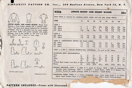 1950's Simplicity Button-up Blouse Pattern - Bust 30" - No. 4256