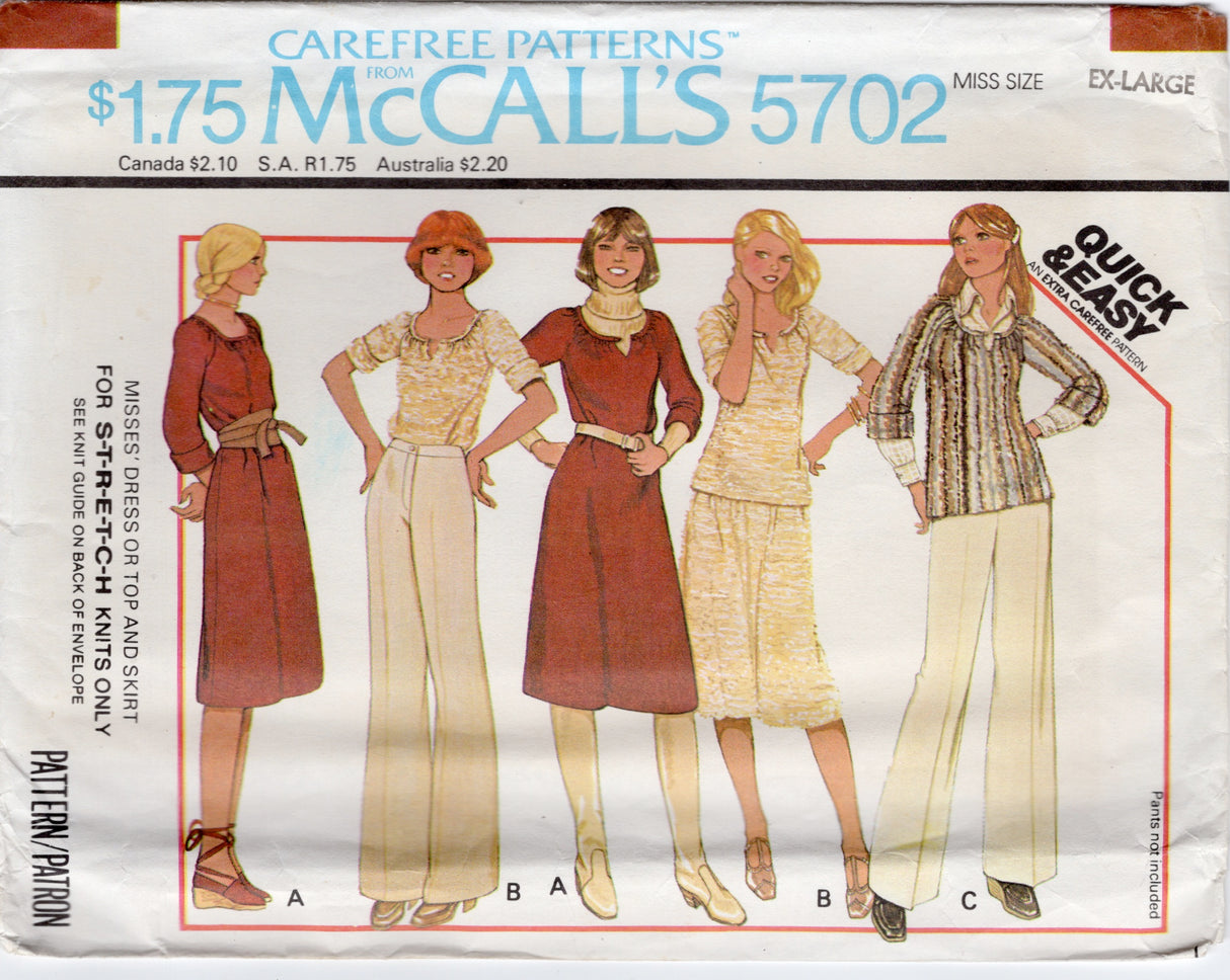 1970's McCall's Raglan Sleeve Top or Dress and Skirt Pattern - Bust 44-46" - No. 5702