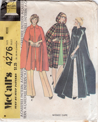 1970's McCall's Hooded Cape Pattern in Three Styles - Bust 30.5-31.5