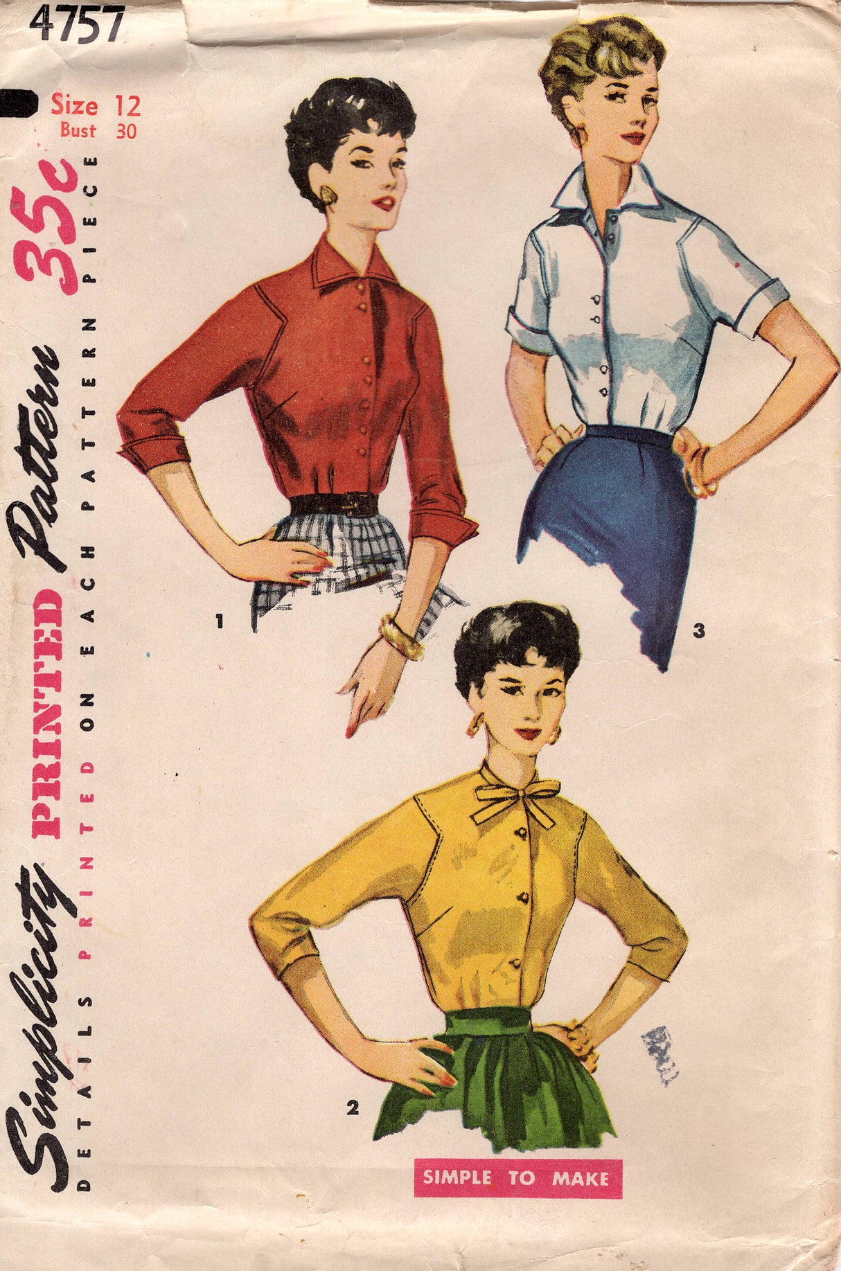 1950's Simplicity "Easy to Make" Button Up Blouse Pattern with Inset Sleeves - Bust 30" - No. 4757