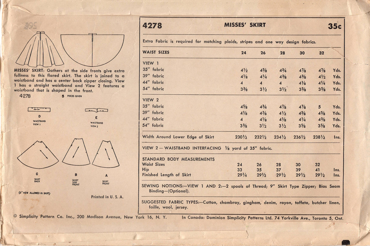 1950's Simplicity Full Circle Skirt - Waist 26" - No. 4278