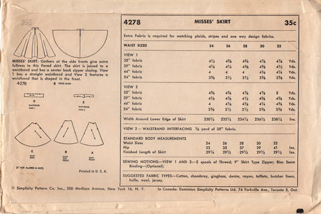 1950's Simplicity Full Circle Skirt - Waist 26" - No. 4278