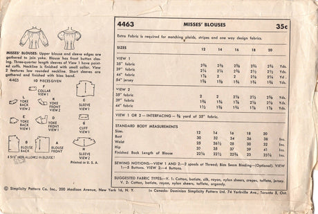 1950’s Simplicity Large Yoke Blouse Pattern - Bust 32" - No. 4463