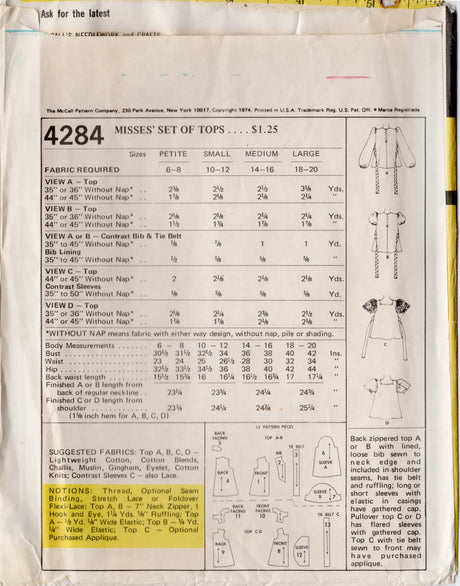 1970's McCall's Bibbed Shirt Pattern - Bust 36-38" - No. 4284