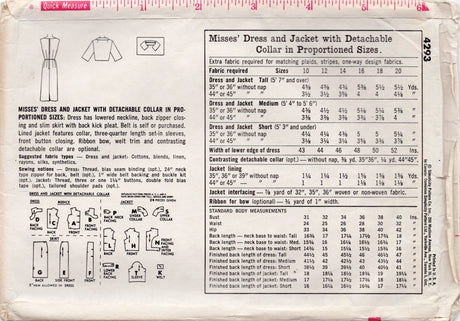 1960's Simplicity Proportioned Sheath Dress and Jacket Pattern - Bust 34" - No. 4293