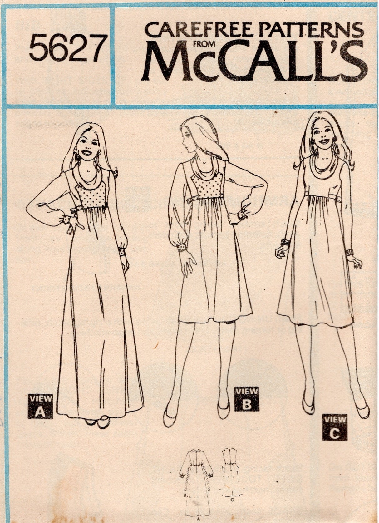 1970's McCall's Maxi or Midi Pullover Cowl Neck Dress or Tunic Pattern with or without Sleeves  - Bust 31.5-36" - No. 5627