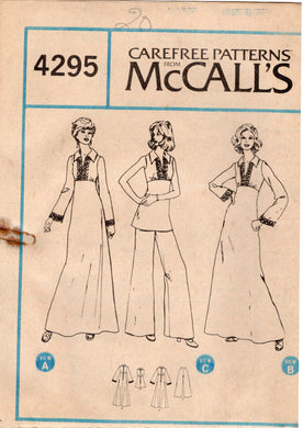 1970's McCall's Empire Waist Maxi Dress or Tunic and Wide Legs Pants Pattern - Bust 42