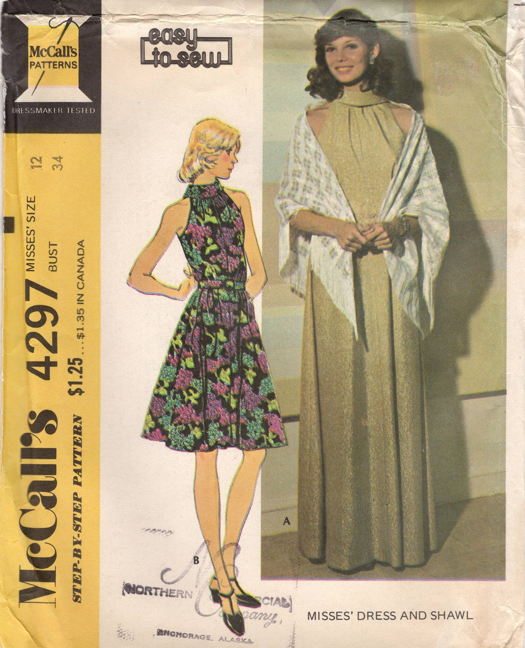 1970's McCall's Maxi or Midi Dress Pattern with Mandarin Collar - Bust 34