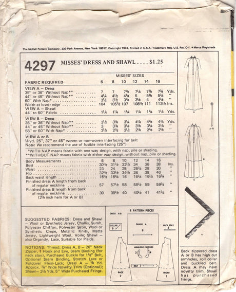 1970's McCall's Maxi or Midi Dress Pattern with Mandarin Collar - Bust 34" - No. 4297