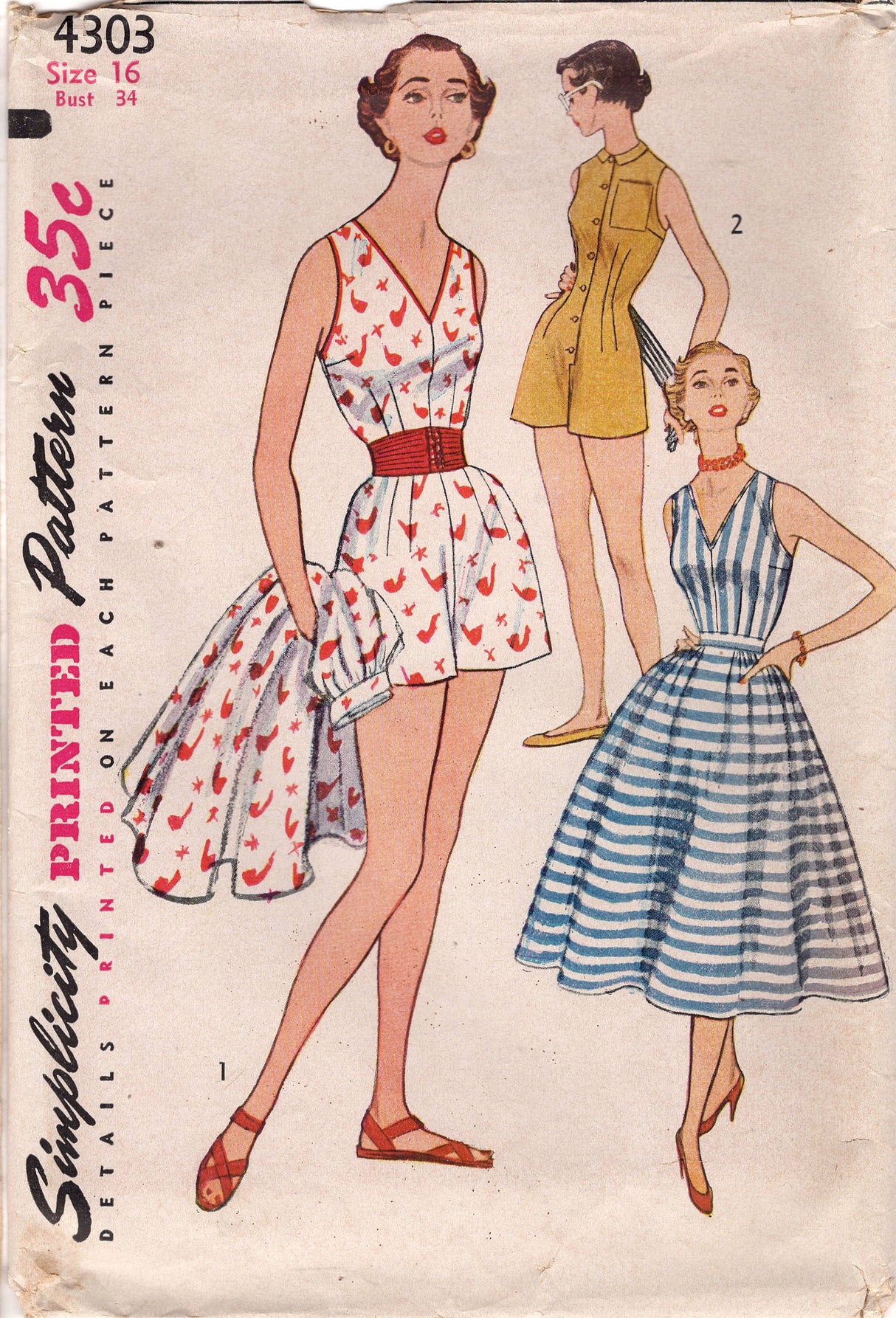 1950's Simplicity One Piece Playsuit Pattern with Optional Skirt Overlay - Bust 34" - No. 4303