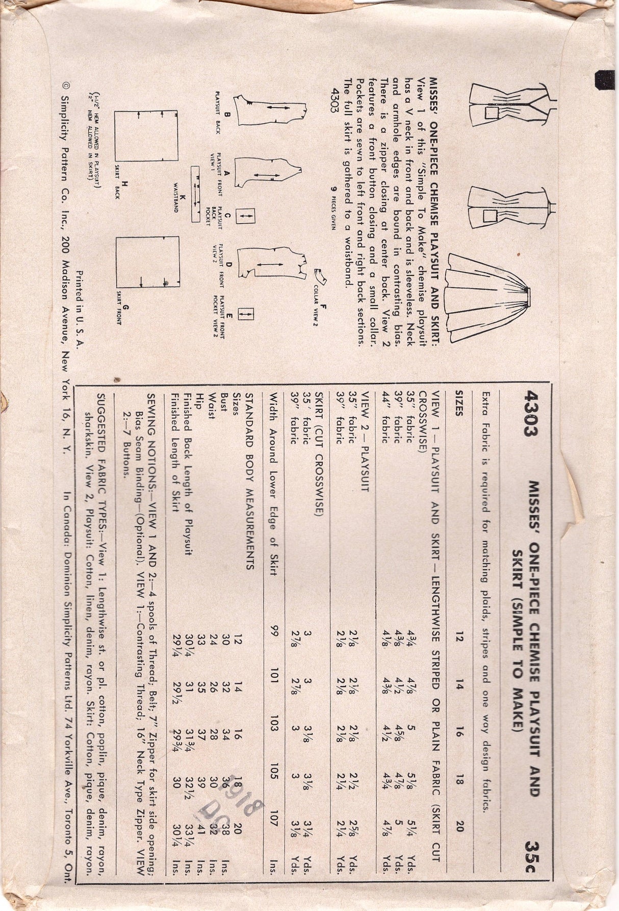 1950's Simplicity One Piece Playsuit Pattern with Optional Skirt Overlay - Bust 34" - No. 4303