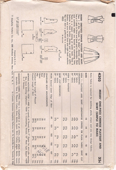 1950's Simplicity One Piece Playsuit Pattern with Optional Skirt Overlay - Bust 34" - No. 4303