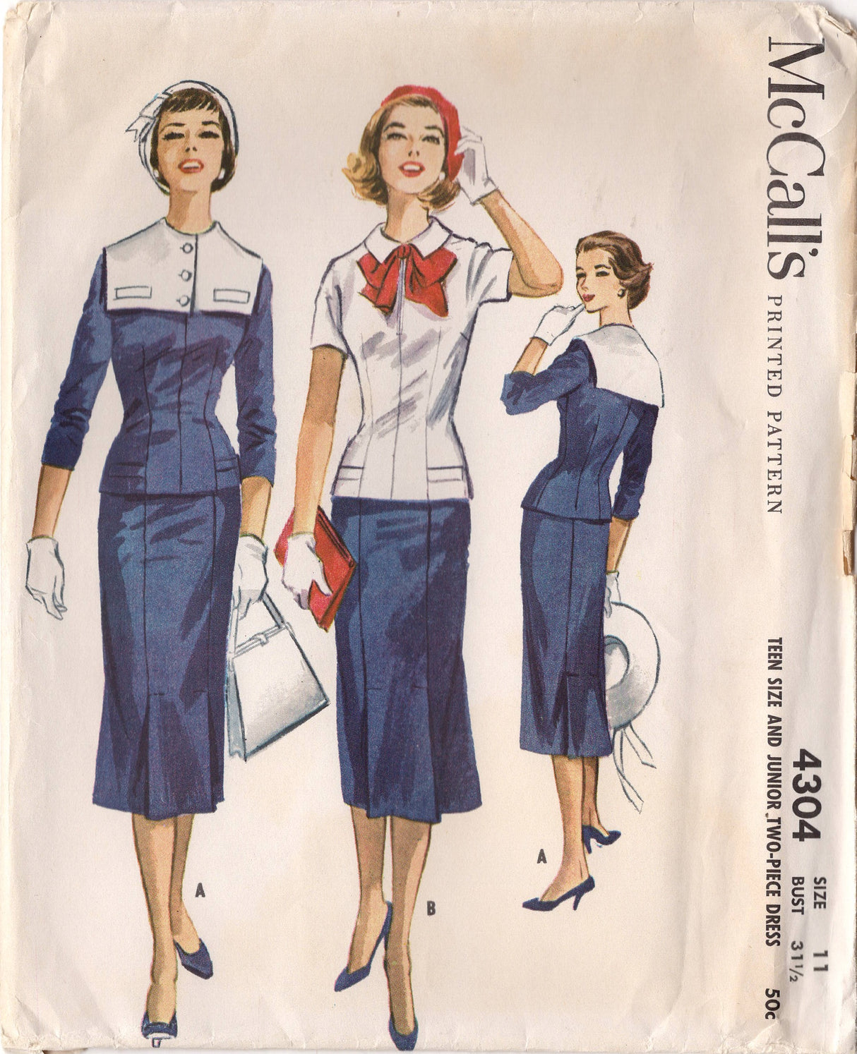 1950’s McCall's Oversize Collar Two Piece Dress Pattern with Bow Tie - Bust 31.5” - No. 4304