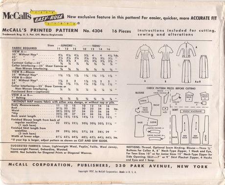 1950’s McCall's Oversize Collar Two Piece Dress Pattern with Bow Tie - Bust 31.5” - No. 4304