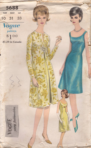 1960’s Vogue One Piece Empire Waist Evening Dress and Redingote Coat Pattern - Bust 31” - No. 5688