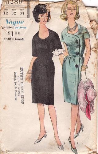 1960’s Vogue One Piece Asymmetrical Wrap Dress Pattern - Bust 32” - No. 5289