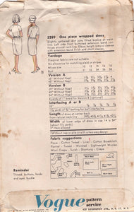 1960’s Vogue One Piece Asymmetrical Wrap Dress Pattern - Bust 32” - No. 5289