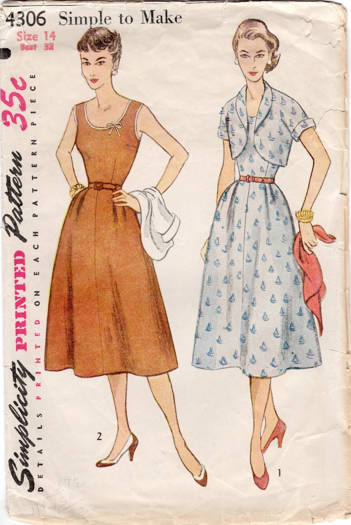 1950's Simplicity Fit and Flare Dress and Bolero Jacket Pattern - Bust 32" - No. 4306