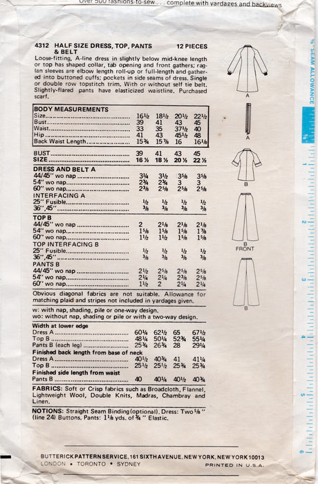 1970's Butterick Pullover Top or Dress and Pants Pattern - Bust 39" - No. 4312