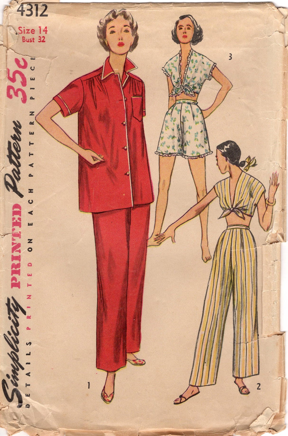 1950's Simplicity Two Piece Pajama Set with optional Tie Top and Shorts - Bust 32" -No. 4312