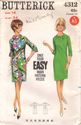 1960's Butterick Sheath Dress Pattern with Rolled Collar - Bust 34" - No. 4312