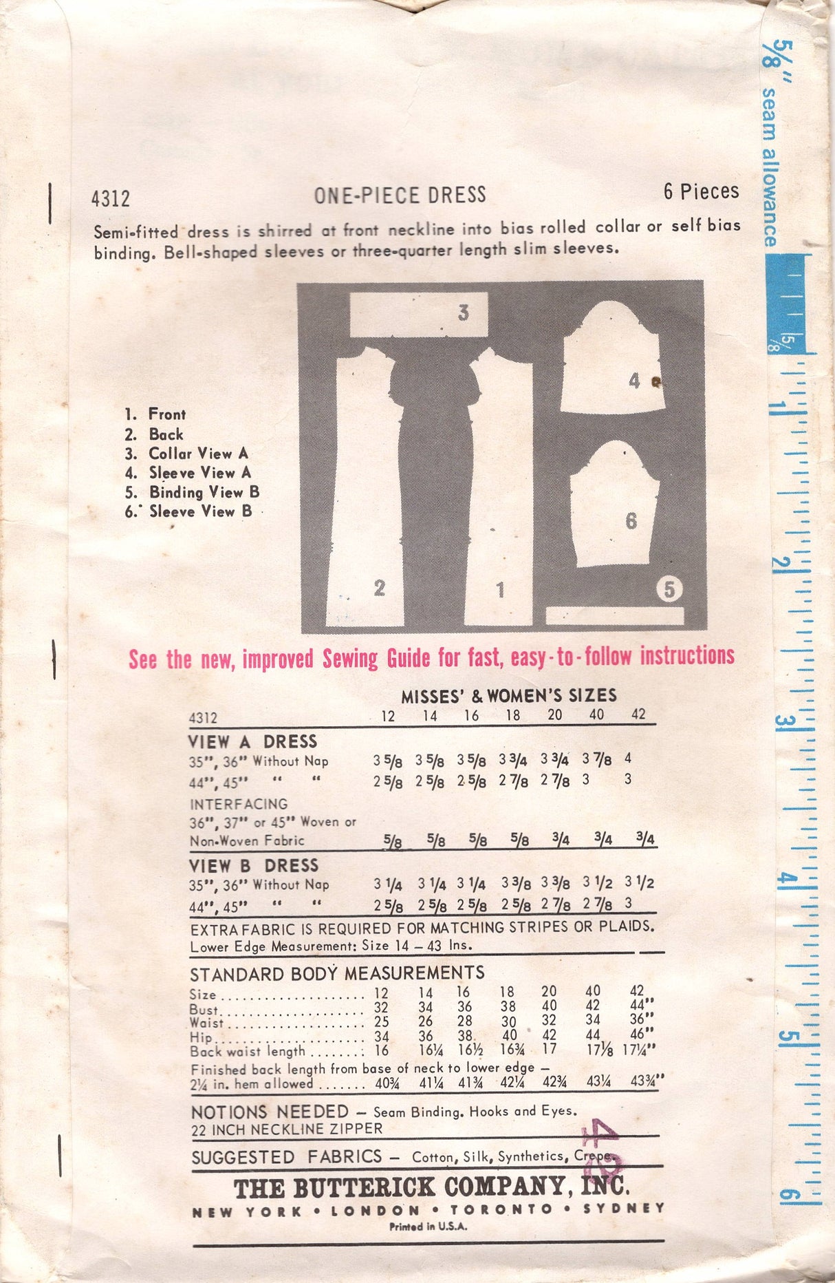 1960's Butterick Sheath Dress Pattern with Rolled Collar - Bust 34" - No. 4312