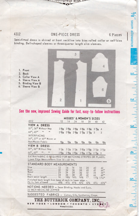 1960's Butterick Sheath Dress Pattern with Rolled Collar - Bust 38" - No. 4312