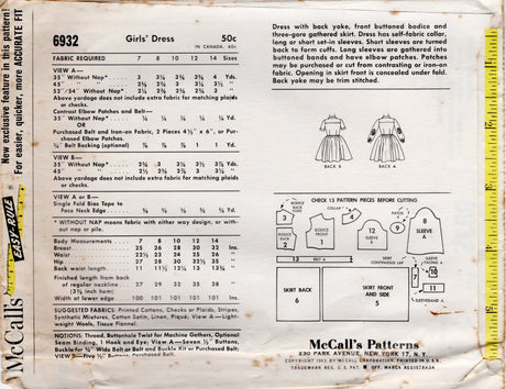 1960's McCall's Child's Shirtwaist Fit and Flare Dress Pattern with Elbow Patch on Long Sleeve - Chest 26" - No. 6932