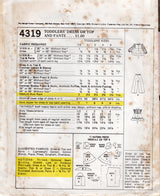 1970's McCall's Child's Yoked Dress or Top and Pants pattern - Chest 19" - No. 4319