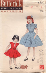 1950's Butterick Child's Shirtwaist Fit and Flare Dress Pattern with Puff Sleeves - Chest 24" - No. 6229