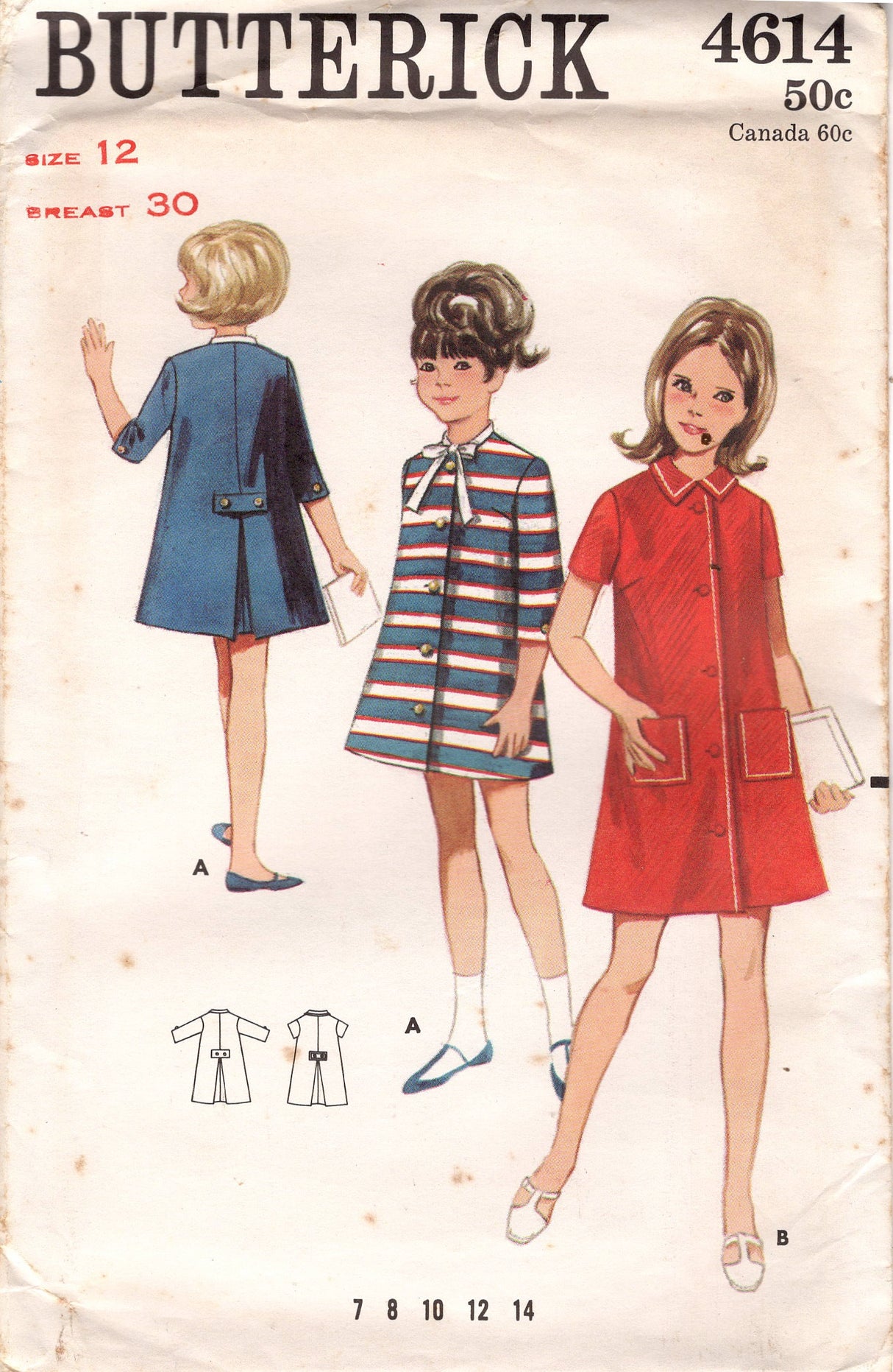 1960's Butterick Child's Coat Dress Pattern with Patch Pockets - Chest 30" - No. 4614