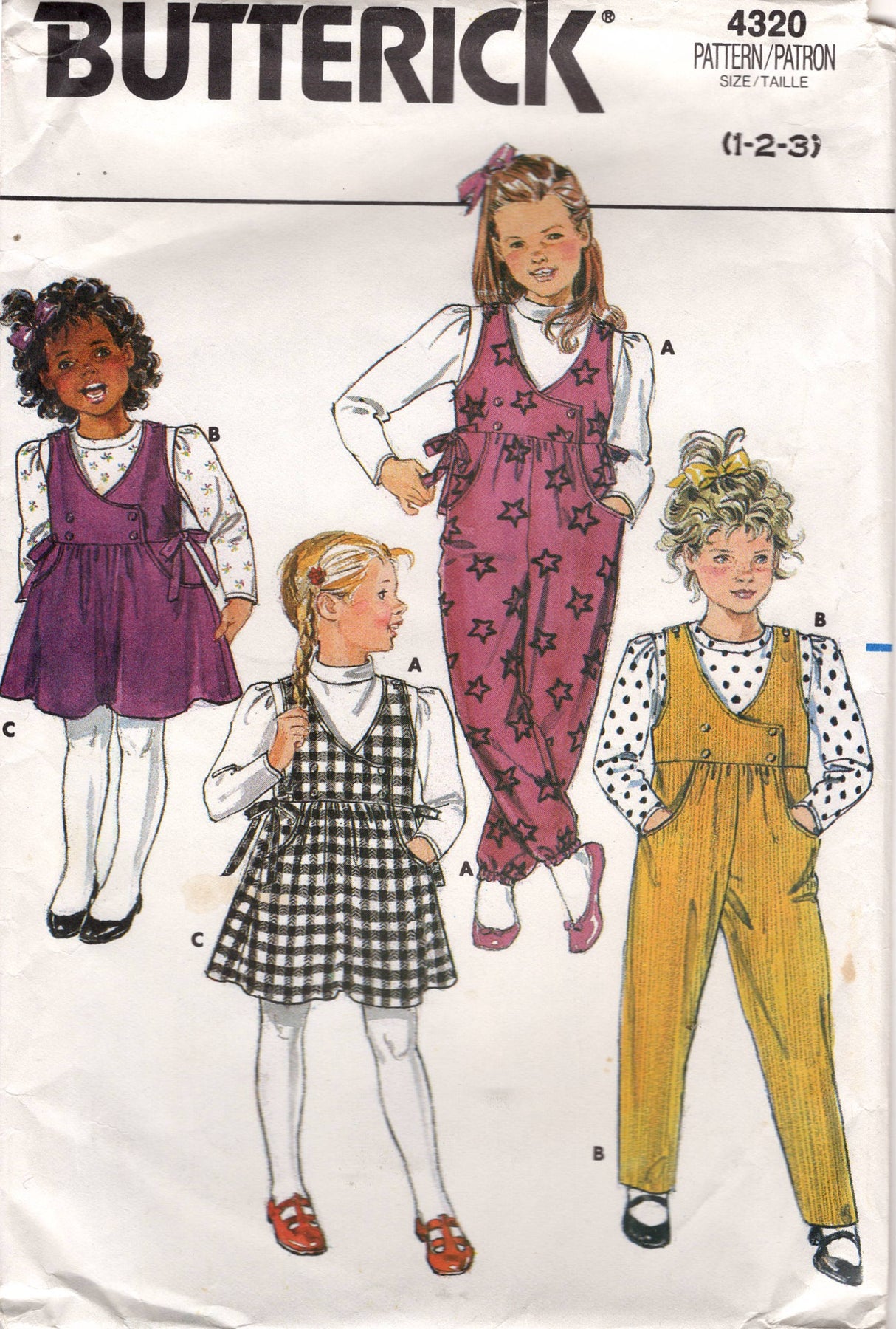 1980's Butterick Child's Set of Jumpersuit, Jumper Dress and Shirt Pattern - Chest 20-22" - No. 4320