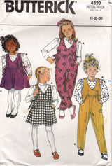 1980's Butterick Child's Set of Jumpersuit, Jumper Dress and Shirt Pattern - Chest 20-22" - No. 4320