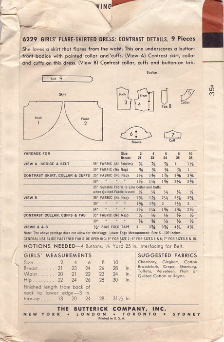 1950's Butterick Child's Shirtwaist Fit and Flare Dress Pattern with Puff Sleeves - Chest 24" - No. 6229