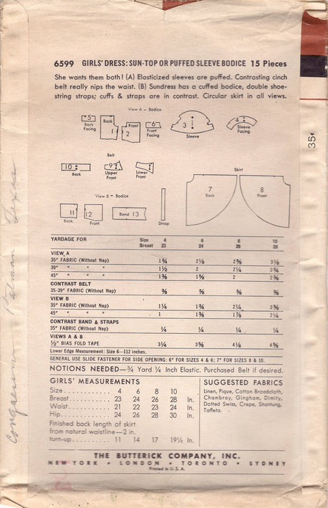 1950's Butterick Child's Fit and Flare Dress Pattern with Puff Sleeves and Belt - Chest 28" - No. 6599