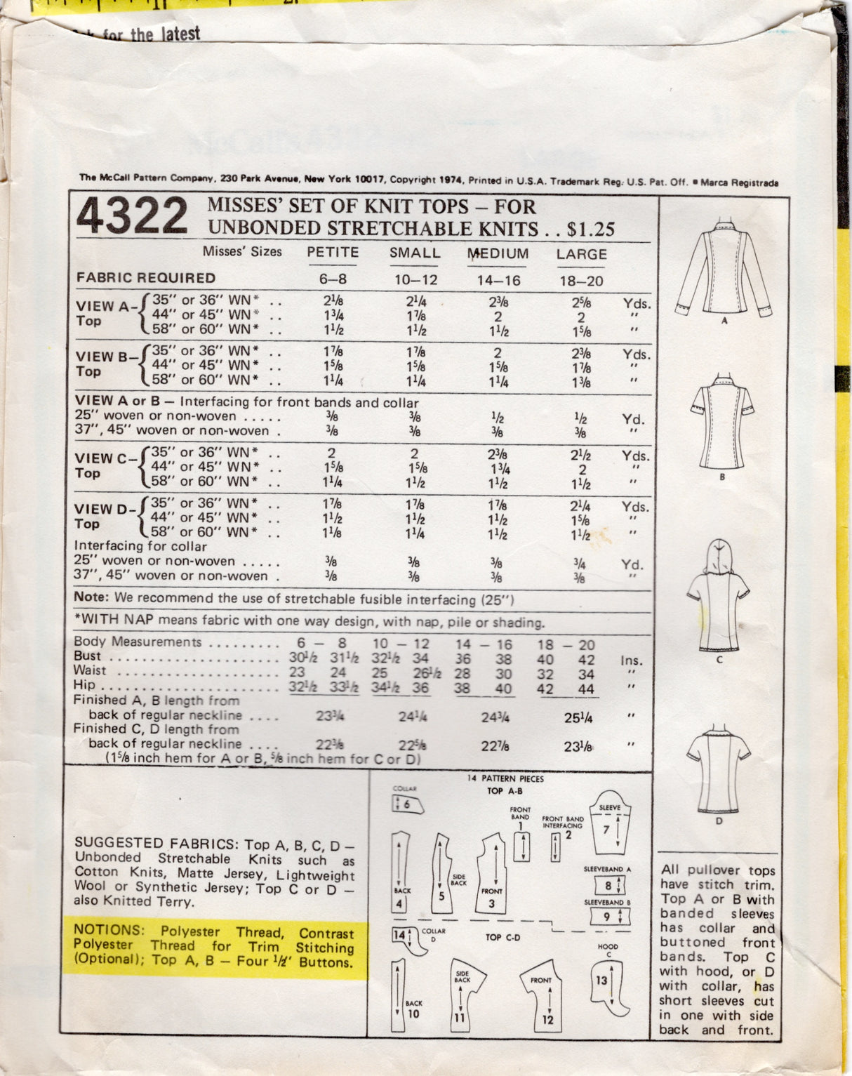 1970's McCall's Set of Knit Tops Pattern with or without hood - Bust 40-42" - No. 4322