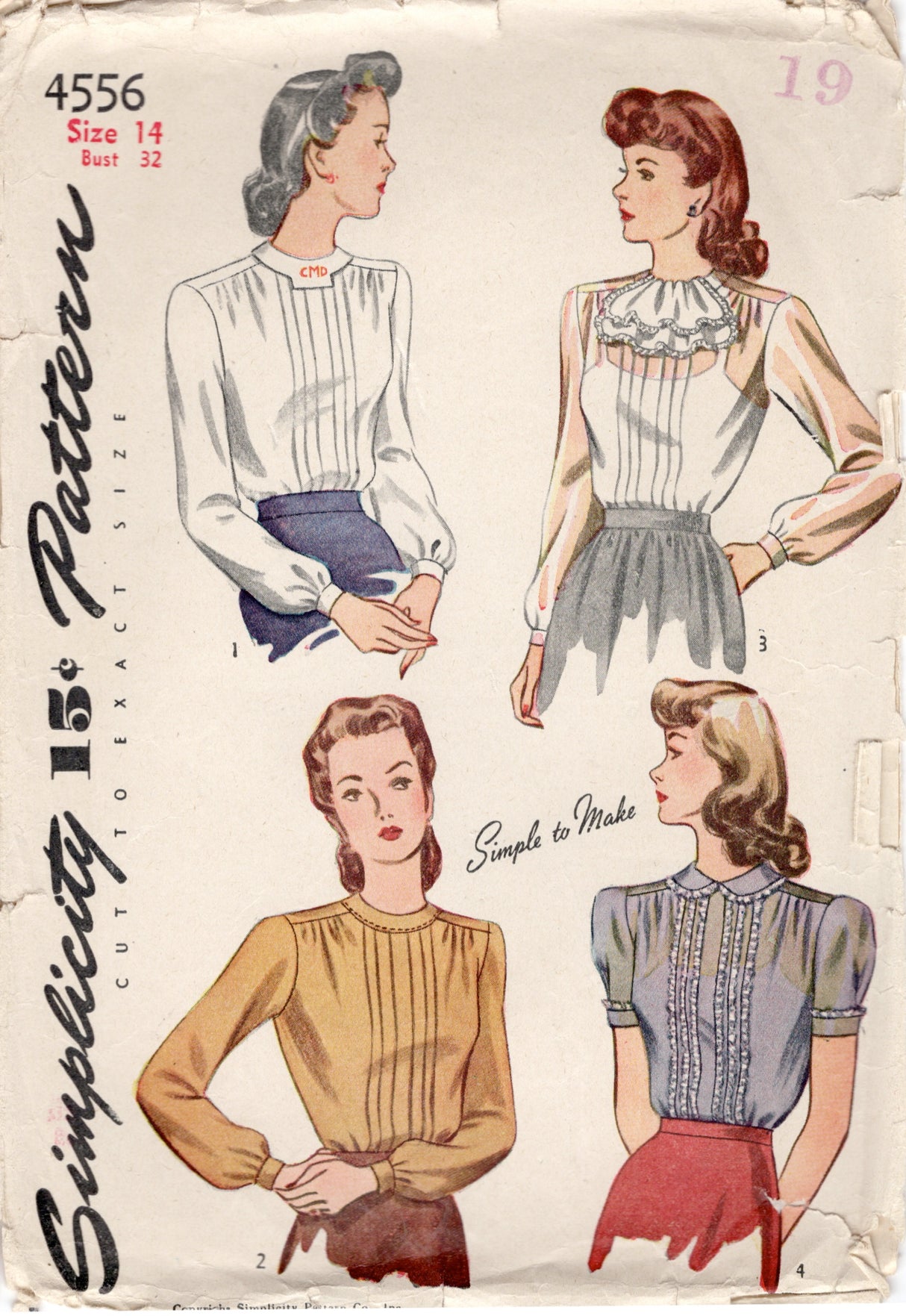 1940’s Simplicity Button Up Blouse Pattern- Bust 32" - No. 4556
