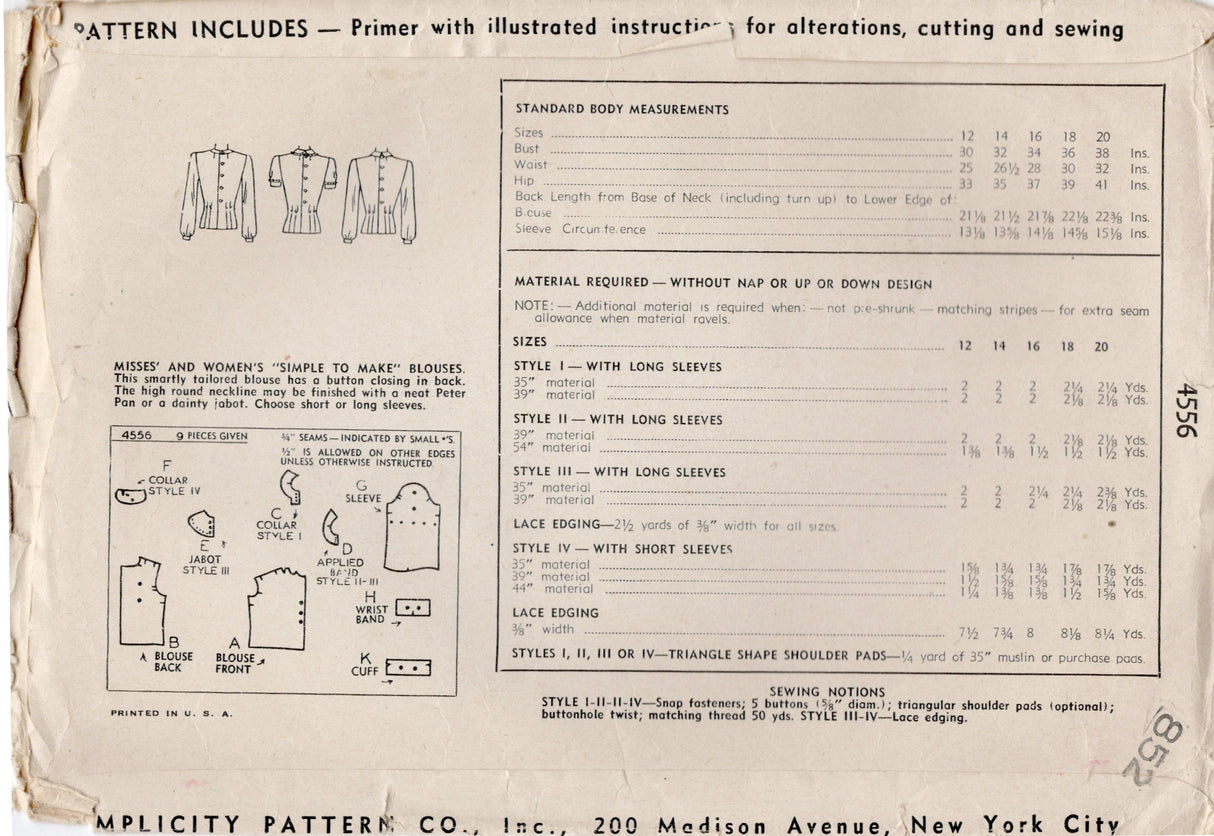 1940’s Simplicity Button Up Blouse Pattern- Bust 32" - No. 4556