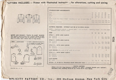 1940’s Simplicity Button Up Blouse Pattern- Bust 32" - No. 4556