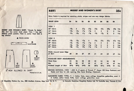 1950’s Simplicity Slim Skirt Pattern- Waist 24" - No. 4491