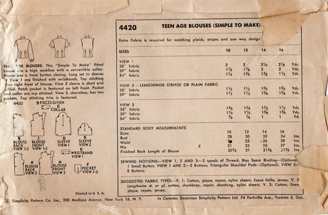 1950's Simplicity Button-up Blouse Pattern - Bust 32" - No. 4420