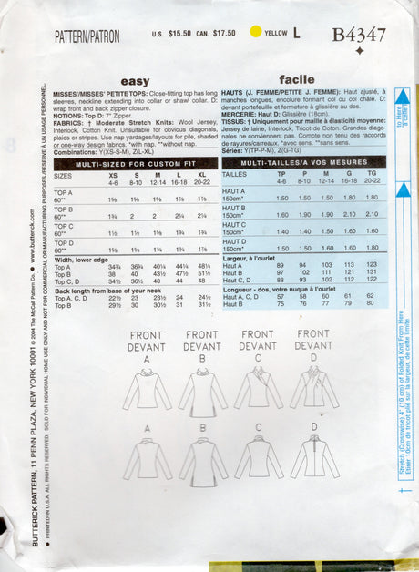 2000's Butterick Surplice or Turtleneck Top Pattern - Bust 29.5-36" - No. 4347