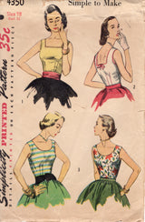 1950's Simplicity Square or Scoop Neck Blouse Pattern with Low Back - Bust 36" - No. 4350
