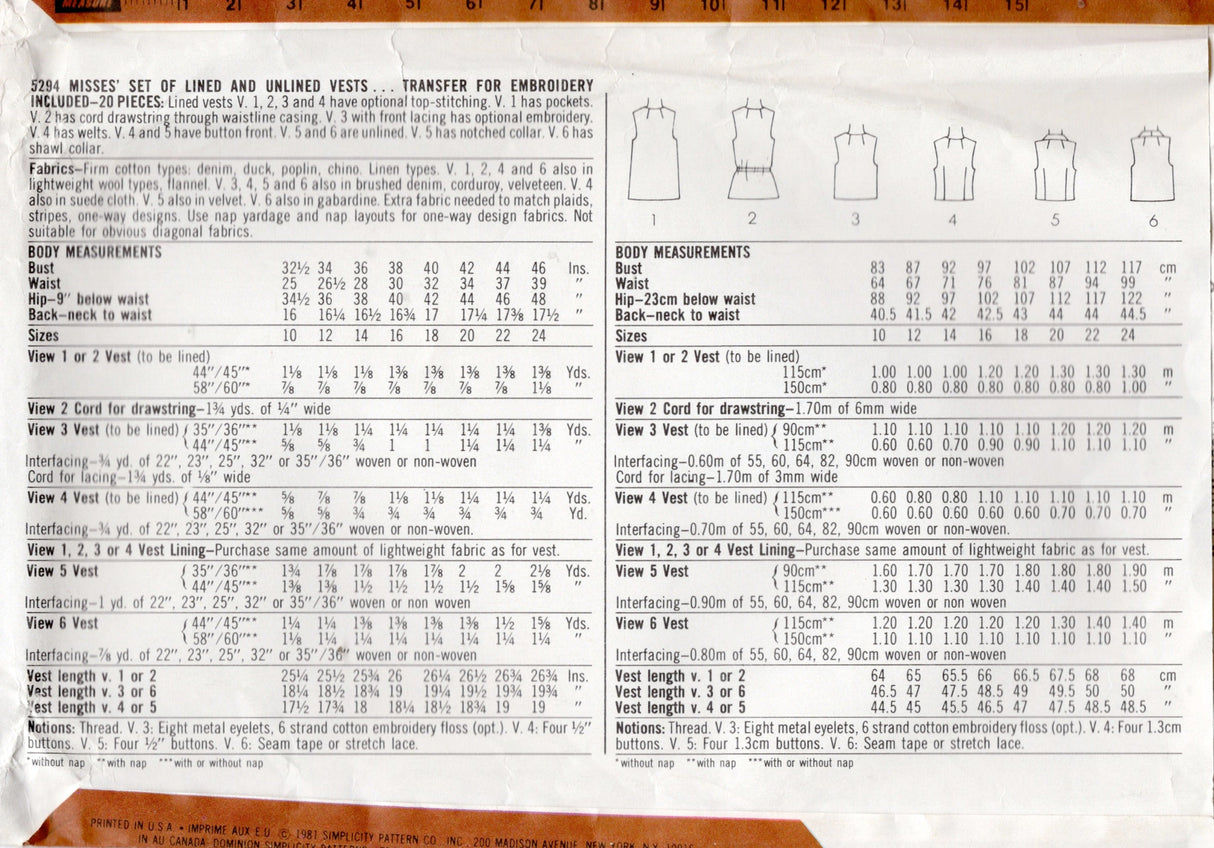 1980's Simplicity Set of Lined and Unlined Vests - Bust 36" - No. 5294