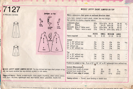 1970's Simplicity Jiffy Tent Dress or Tunic pattern - Bust 38-40" - No. 7127