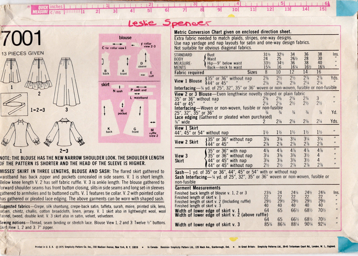 1970's Simplicity Button Up Blouse, Sash and Skirt in Three Lengths - Bust 36" - No. 7001