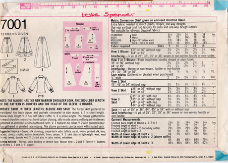 1970's Simplicity Button Up Blouse, Sash and Skirt in Three Lengths - Bust 36" - No. 7001