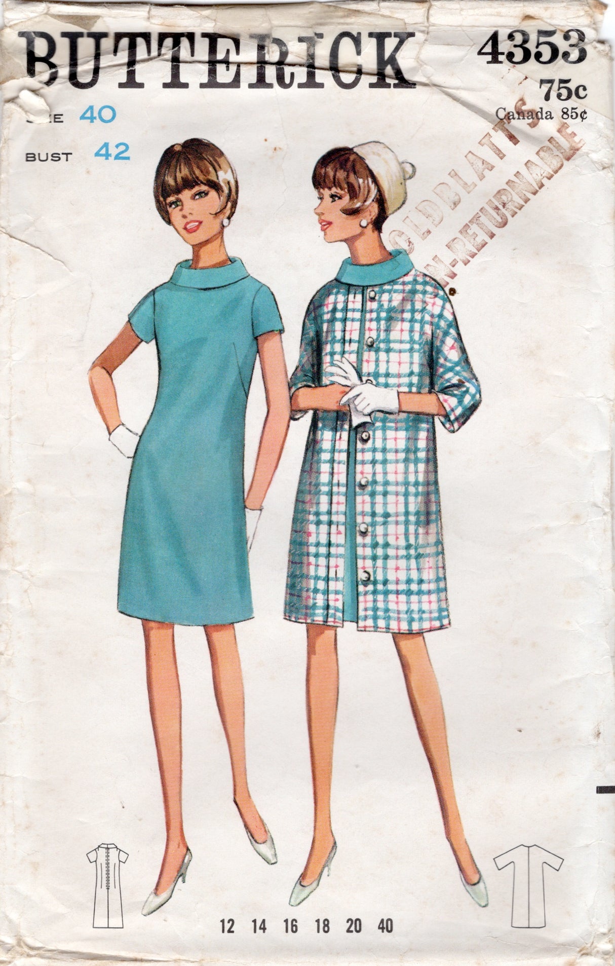 1960's Butterick Sheath Dress with stand collar and Coat Pattern - Bust 42" - No. 4353